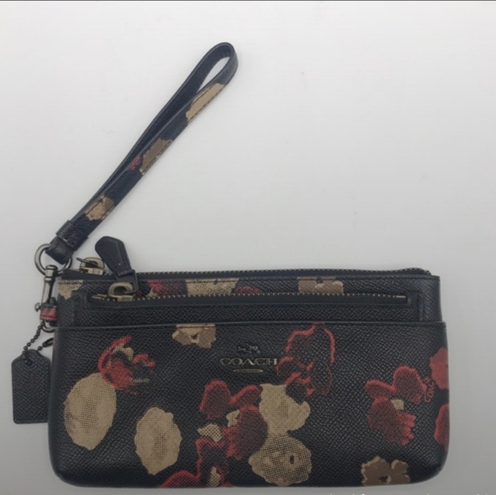Coach Black & Red Floral Zipper Wallet Wristlet